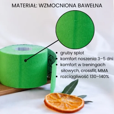 Zbliżenie na grubszy splot bawełny w tejpach 5e POWER w kolorze zielonym